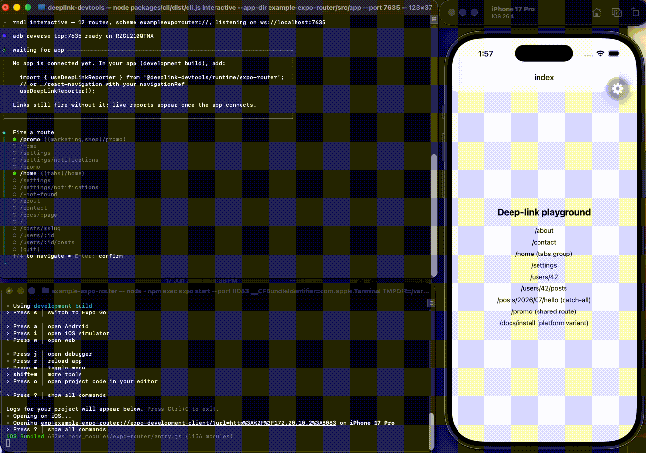 rndl interactive in a terminal: picking a route, filling params, firing it, and the live match from the app